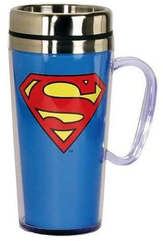 Spoontiques - Insulated Travel Mug - Superman Logo Coffee Cup - Coffee Lovers Gift - Funny Coffee Mug - 15 oz - Blue