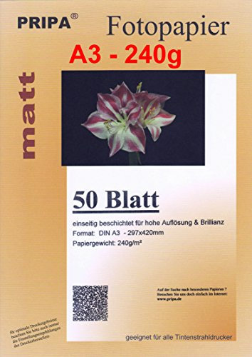 pripa 50 Blatt InkJet Fotopapier - matt beschichtet - OHNE Glanz - DIN A3-240g - Tintenstrahldrucker