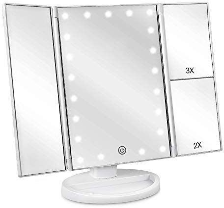 deweisn Lighted Vanity Makeup Mirror with 3X/2X/1X Magnification, 21 LED Lights and Touch Screen Dimmable Mirror, Two power Supply Mode Tabletop Makeup mirror,Travel Cosmetic Mirror(White)