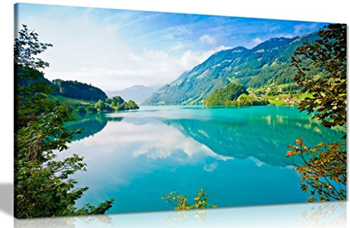 Lake Mountains Nature Canvas Wall Art, Framed Ready to Hang 18x12in | Panther Print Landscape Pictures for Living Room Bedroom, Forest Scene, Pine Frame, Vivid Colours, Prints for Walls