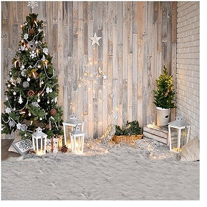 YongFoto 2,5x2,5m Vinilo Fondo de Fotografia Navidad Árbol Luces brillantes Linterna Alfombra Ric Tablón de madera Interior Telón de Fondo Fiesta Adulto Retrato Personal Estudio Fotográfico Accesorios
