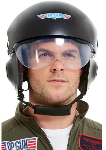 Smiffys Top Gun Deluxe Helm, Schwarz, mit verstellbarem Visier & Kinnriemen