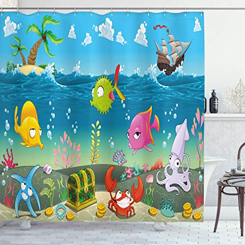 ABAKUHAUS Cartoon Duschvorhang, Meerestiere Unterwasser, Stoffliches Gewebe Badezimmerdekorationsset mit Haken, 175 x 220 cm, Aqua Rosa