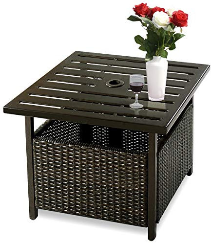 COSTWAY Patio Rattan Side Table, All-Weather Slatted Square PE Wicker Bistro Table with Umbrella Hole, Outdoor Dining Coffee Tea Table Stand for Garden Lawn Balcony Backyard(With 4CM Umbrella Hole)