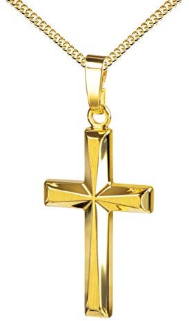 JEVELION Kreuz-Anhänger 750 Gold 18 Karat mit Panzer-Kette vergoldet für Damen, Herren und Kinder in hochglanz poliert mit 3D-Effekt Goldkreuz als Kettenanhänger + Schmuck-Etui