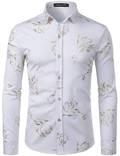 PARKLEES Mens Hipster Gold Rose Printed Slim Fit Long Sleeve Dress Shirts/Prom Performing Shirts PZ56 White L