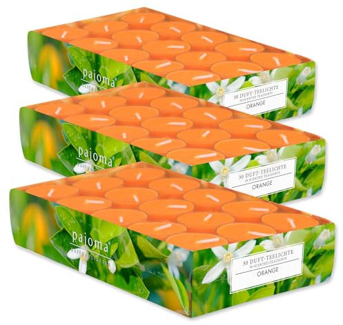 pajoma® Teelichte 3er Pack, Orange | 90 Duft-Teelichte in Polycarbonathülle, Brenndauer ca. 4 Stunden - Höhe 1,5 cm ø 3,5 cm | Premium Qualität | Deko, Gastronomie, Outdoor, Windgläser, Hochzeit
