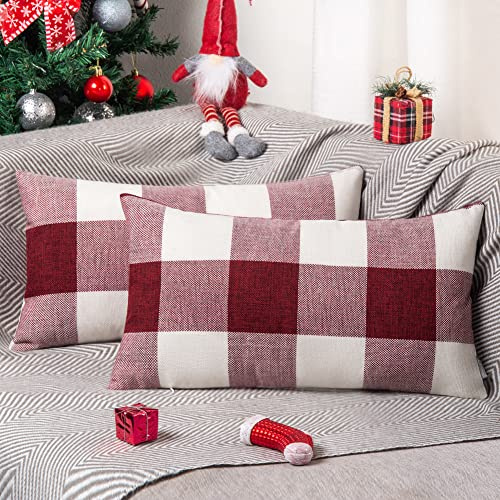 ORANIFUL Kissenbezug 30x50 cm 2er Set Kariert Kissenbezüge Weihnachten Zierkissen Leinen Dekorative Sofakissen Kissenhülle Dekokissen für Sofa Couch Schlafzimmer Wohnzimmer (Rot & Weiß)