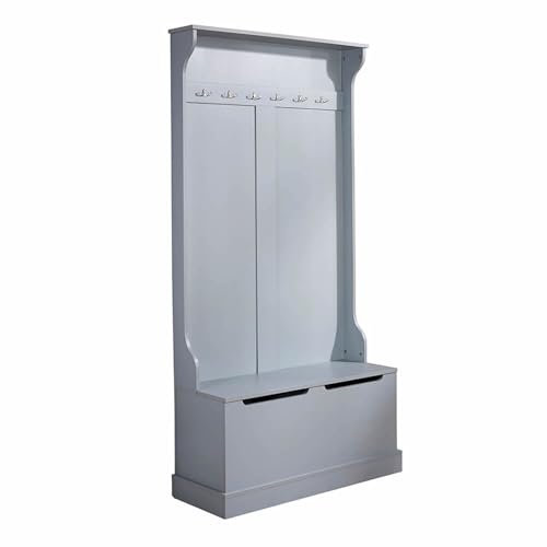 Home Source Wooden Hallway Storage Unit with 6 Coat Hooks, Wood, Grey, Wide Bench