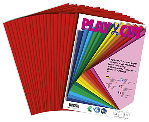 PLAY-CUT Tonpapier A4 Weihnachtsrot (130g/m2) | 20 Bogen Din A4 Papier zum Basteln Drucken | Dickes Bedruckbares Bastelpapier Set und Druckerpapier A4 | Premium Tonzeichenpapier & Craft Paper