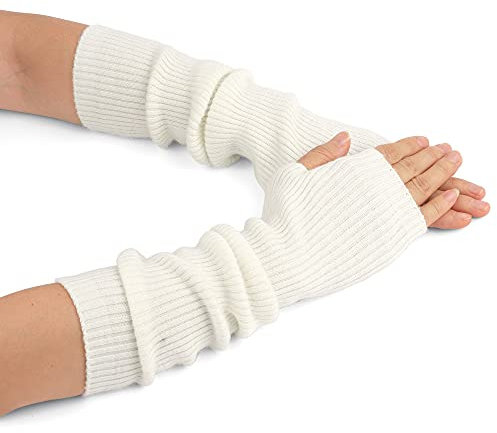 F Flammi Armwärmer aus Kaschmir-Mischgewebe für den Winter, fingerlose Handschuhe, Strickhandschuhe, Handgelenkwärmer mit Daumenloch für Damen, Weiß (42 cm), Medium