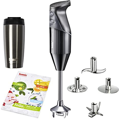 bamix Stabmixer Set M200 toGO inkl. Multifunktionsmesser, 4 Aufsätze, Isolierbecher, Smoothies Rezeptheft, 200 Watt, 2-Stufen, Edelstahl, Made in Switzerland - Schwarz