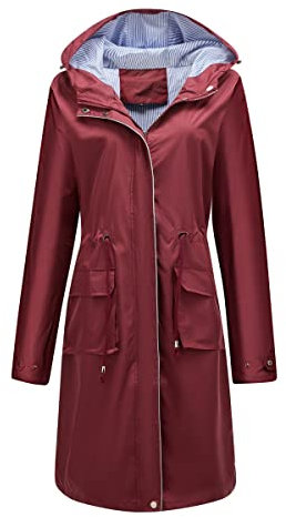YUNCLOS Femme Manteau Imperméable Elégant Coupe-Vent à Capuche Long Veste de Pluie Slim Fit Couleur Unie,Rouge,XXL