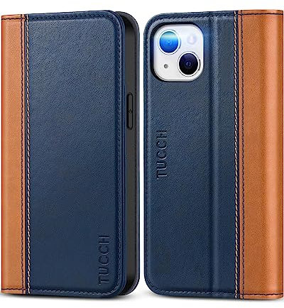 TUCCH Hülle für iPhone 13 Handyhülle iPhone 13 Case mit Ständer [Schützt vor Stößen] [Kartenfach] [TPU] Schutzhülle klappbar kompatibel mit iPhone 13 (6,1 Zoll) Braun-Blau