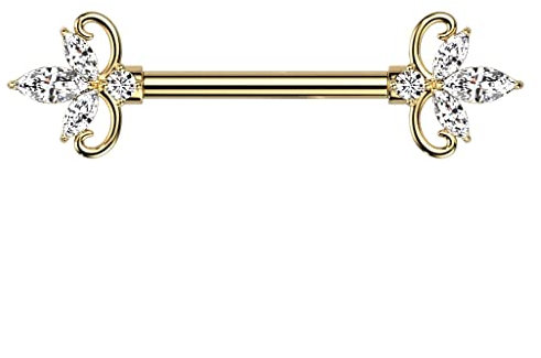 beyoutifulthings Brustwarzen-piercing Florales Design Marquise Zirkonia Clear Gold Brust-piercing Nippel-piercing Chirurgenstahl Stab 14-mm