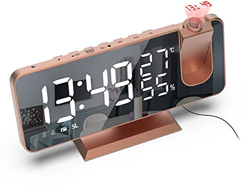 180° Projection Snooze Function Smart Alarm Clock FM Radio LED Digital Alarm Desk Electronic Clock USB Wake Up Clock,Rose Gold