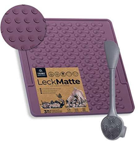 TAABO - Leckmatte inkl. Spatel mit 64 Saugnäpfen für Hund & Katze aus lebensmittelechtem Silikon (20x20cm) - Schleck-Matte zur Beschäftigung - Hunde & Katzen Leckerli-Matte BPA-Frei, Spülmaschinenfest