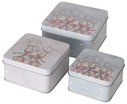 RiloStore 3er Set Keksdose Rentiere Elch Manu Metall Eisen Dosen Boxen grau weiss braun n392 Weihnachten Keksdosen Vorratsdose Rehe Hirsche Rentier Elche Geschenk Aufbewahrung Weihnachtsmann Dose