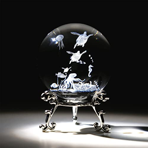 HDCRYSTALGIFTS Gravierte Kristallkugel mit Ständer, 60 mm, 3D-Lasergravur, Meeresleben, Dekoration, Glaskugel, Briefbeschwerer (transparent)