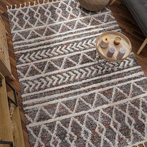 Paco Home Hochflor Teppich Wohnzimmer Schlafzimmer Shaggy Boho Modern Skandinavisch Geometrisches Rautenmuster Fransen, Grösse:160x220 cm, Farbe:Bunt 2