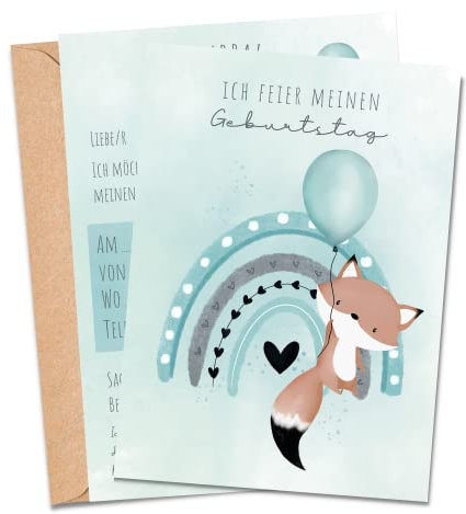 MeinBaby123® 10 Einladungskarten Kindergeburtstag Jungs und Mädchen | Geburtstagseinladungen für Kinder | inkl. 10 Briefumschläge | Premium Qualität (Fuchs türkis V2)