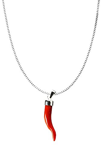 gioiellitaly Catenina veneziana argento 925 45/50 cm pendente cornetto portafortuna in corallo rosso del Mediterraneo e argento 925 ciondolo uomo donna corallo vero lunghezza 2,5 cm circa (45 cm)