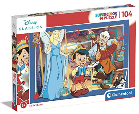 Clementoni - 25749 - Supercolor Puzzle - Disney Classics Pinocchio - Puzzle 104 Teile Ab 6 Jahren, Buntes Kinderpuzzle Mit Besonderer Leuchtkraft & Farbintensität, Geschicklichkeitsspiel Für Kinder
