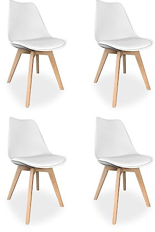Homey, Pack de 4 Sillas Escandinavas Acolchadas para Cocina, Salón o Comedor, Modelo Sena, Patas de Madera, Prácticas y Funcionales, Fácil Montaje, Color Blanco