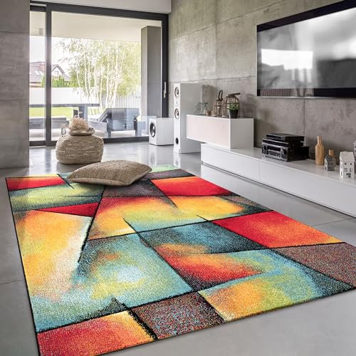 Paco Home Teppich Wohnzimmer Kinderzimmer Kurzflor Moderne 3D Optik Kariert Geometrische Muster, Grösse:160x230 cm, Farbe:Bunt 6