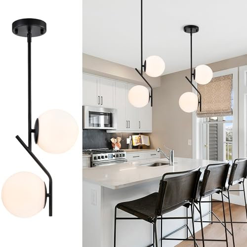 Alighting Pendelleuchte Schwarz mit 2 Milchglas Kugeln Ø15 cm Mid Century Modern Pendelleuchte für Kücheninsel Esstisch Flur Schlafzimmer Bad