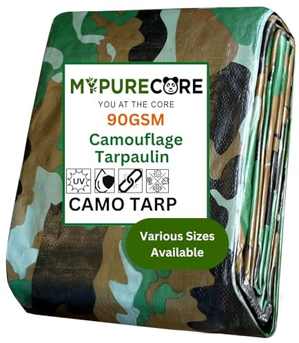 MYPURECORE Camouflage Tarpaulin – Multi-Use Tarp Sheet for Camping, Fishing, Bird Watching & Garden – Waterproof, UV Protective Cover for Rain Shelter, Groundsheet, Tent & Trailer (5m x 5m)