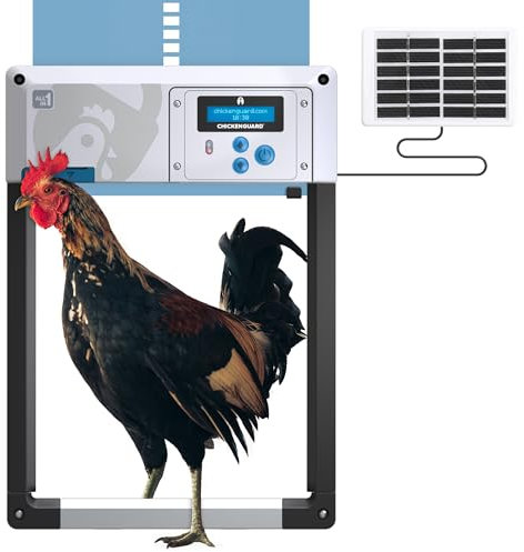 Porte poulailler Automatique 'ChickenGuard All-in-One'. Écran LCD programmable, Mode Hiver Puissant, Capteur de Lumière/Minuterie, Arrêt de Sécurité, Porte/Trappe en Aluminium (Bleu + Kit Solaire)