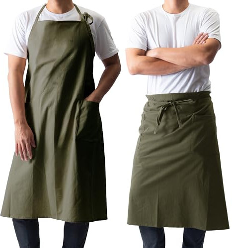 Chapdaddy Schürze für Herren, wasserabweisend, einfach und stilvoll, Café-Stil, Leinen-Mischgewebe, lang, Khaki, Einheitsgröße