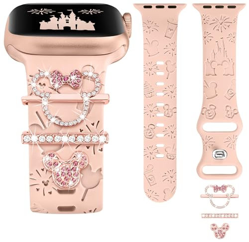 BEEXI Charme Kompatibel mit Apple Watch Armband Dekorative Ring 41/40/38/42mm Damen, Glitzer Boho Gravierte Silikon Ersatzarmbänder für iWatch 10/9/8/7/SE/6/5/4/3/2/1