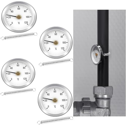 4Pcs Clip On Hot Water Pipe thermometer 0-120C, 63MM, Bimetal, Stainless Steel Surface Contact, Balancing Temperature Gauge for Accurate Hot Water Pipe Temperature Monitoring