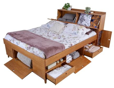 Memomad Amalfi Doppelbett 160x200 mit Kopfteil Kiefer Massivholz Vintage Design Stauraum Schubladen Regale Faecher Sicherheit abgerundete Ecken langlebig nachhaltig Schlafzimmer Moebel Funktionsbett