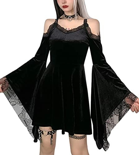 YINGWIN Y2K Harajuku High Waist A Line Mini Dresses Off Shoulder Punk Halloween Dress Goth Sexy Flare Sleeve Black Dress