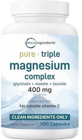 Micro Ingredients Pure Magnesium Complex, 300 Capsules | Triple Magnesium Glycinate, Malate, Taurate with Vitamin C | 100% Chelated | Supports Muscles, Nerves, & Energy | Only Active Ingredients