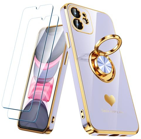 Nonional Compatible for iPhone 12 Case with 2 Pack Screen Protector, 360° Rotatable Ring Holder [Luxury Hearts Pattern] Plating Gold Edge Slim Soft Phone Cover Case for iPhone 12 - Lavender