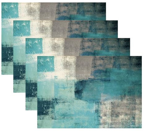 Kiatuniya Tischsets Abwaschbar Platzsets Blaugrün Modern Kunst Gemälde Boho Landhausstil Abstrakte Abwischbar Placemat rutschfest Outdoor Tischmatte für Urlaub Bankett Küche Party Deko, 4er Set