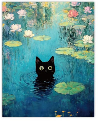 GOMAKERER 1 Stück Vintage Monet Cat Poster, Schwarze Katze Dekor Poster Vintage Monet Wasserlilie Poster Leinwand-Poster Wanddekorationen Für Büro Schlafzimmer Toilette Heimdekoration Ungerahmt