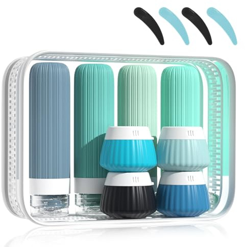 Marjoramy 8 Pack Botellas De Viaje Silicona,Botes Rellenables Viaje,Juego De Botellas De Viaje Con Bolsa Transparente Y Etiqueta Para Champús Lociones Y Artículos De Tocador a Prueba De Fugas (Azul)