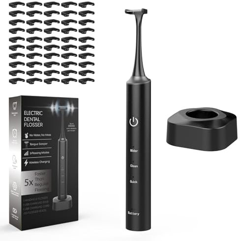 Elektrische Zahnseide mit 50 Ersatzköpfen, 3 Modi, 800mAh wiederaufladbare elektrische Zahnseide Sticks für Zähne Zahnfleischpflege (Schwarz, Drahtloses Aufladen)