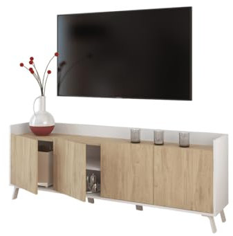 PEGANE Meuble TV, Meuble de Salon avec 4 Portes Coloris Blanc, chêne - Hauteur 63 x Longueur 180 x Profondeur 33 cm