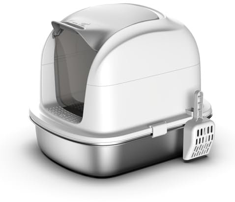 HAPPY MEOW Arenero Cubierto para Gatos con Base de Acero Inoxidable – Bandeja Higiénica Mediana con Puerta Frontal, sin olores ni bacterias, Incluye Pala y Tapa – 52×41×43 cm