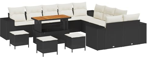 vidaXL Garten-Sofa-Set mit Kissen mit Kissen 14 pcs Schwarz und Creme, Garten- und Terrassenlounge, modernes Outdoor-Sofa, verstellbare Füße, Stauraum für Frühling und Sommer