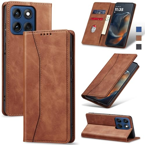 Jasonyu Handyhülle für Motorola Edge 60 Hülle Leder Flip Klappbare Stoßfeste Magnetische Premium PU Leder Standfunktion Kartenfächern Schutzhülle Klapphülle,Braun