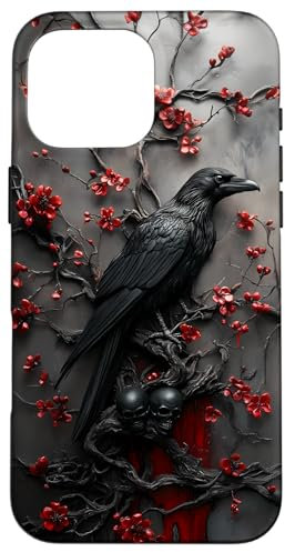 Gothic Raven Skulls Red Black Goth Floral Case for iPhone 16 Pro Max
