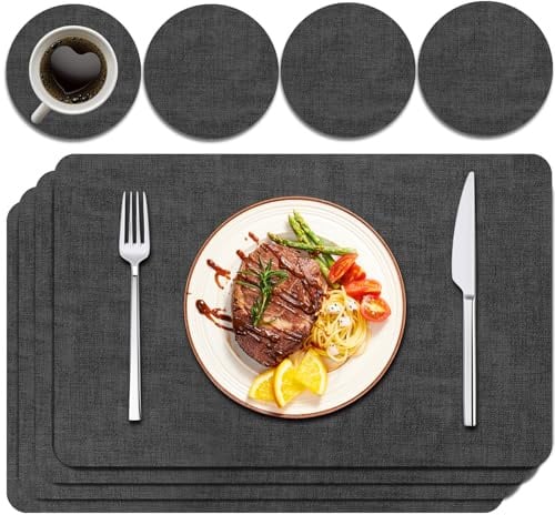 Purejoy Placemats and Coaster Sets 4, PU Leather Heat-Resistant Washable Non-Slip 43 * 30 cm Dinner Table Mats Set of 4 with Coasters for Kitchen Dining Table Indoor Outdoor (Grey)
