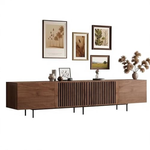 Slatted TV Stand 240cm, Walnut Media Console for 85 100 TVs | Mid-century modern, breathable fluted doors, IR pass-through, soft-close, cable management, robot-friendly, engineered wood